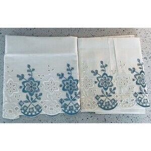 Vintage Cotton White/Ivory Machine Blue Floral Embroidered Pillowcases 1 Pair